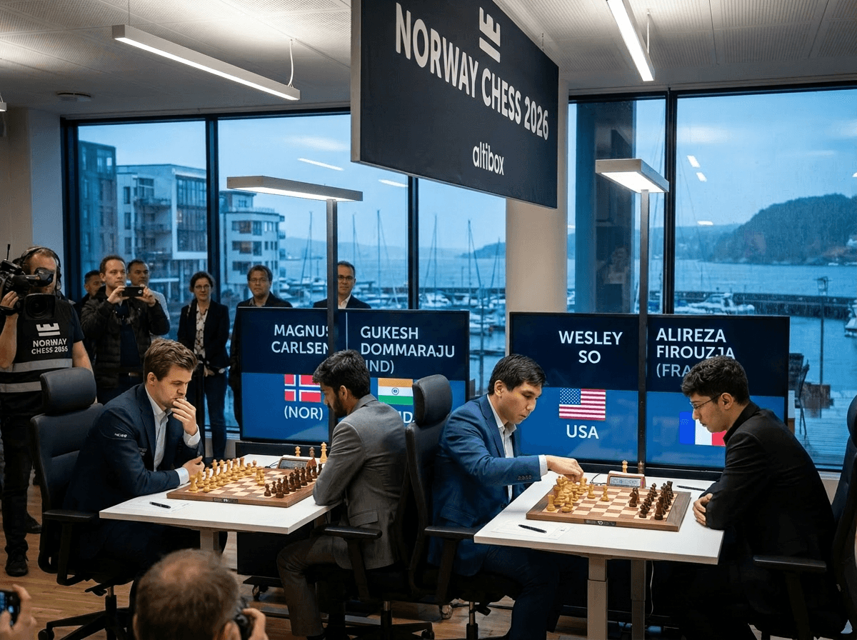 Two chess matches underway between Magnus Carlsen vs Gukesh D and Wesley So vs Alireza Firouzja at Norway Chess 2024