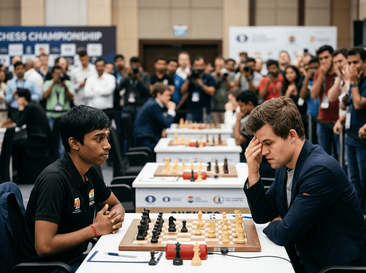 Two chess players concentrating intensely at a tournament match with an audience behind them