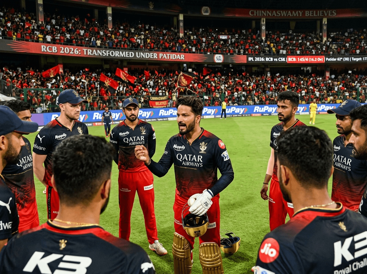 RCB cricket team players in a huddle on the field during an IPL match at Chinnaswamy Stadium