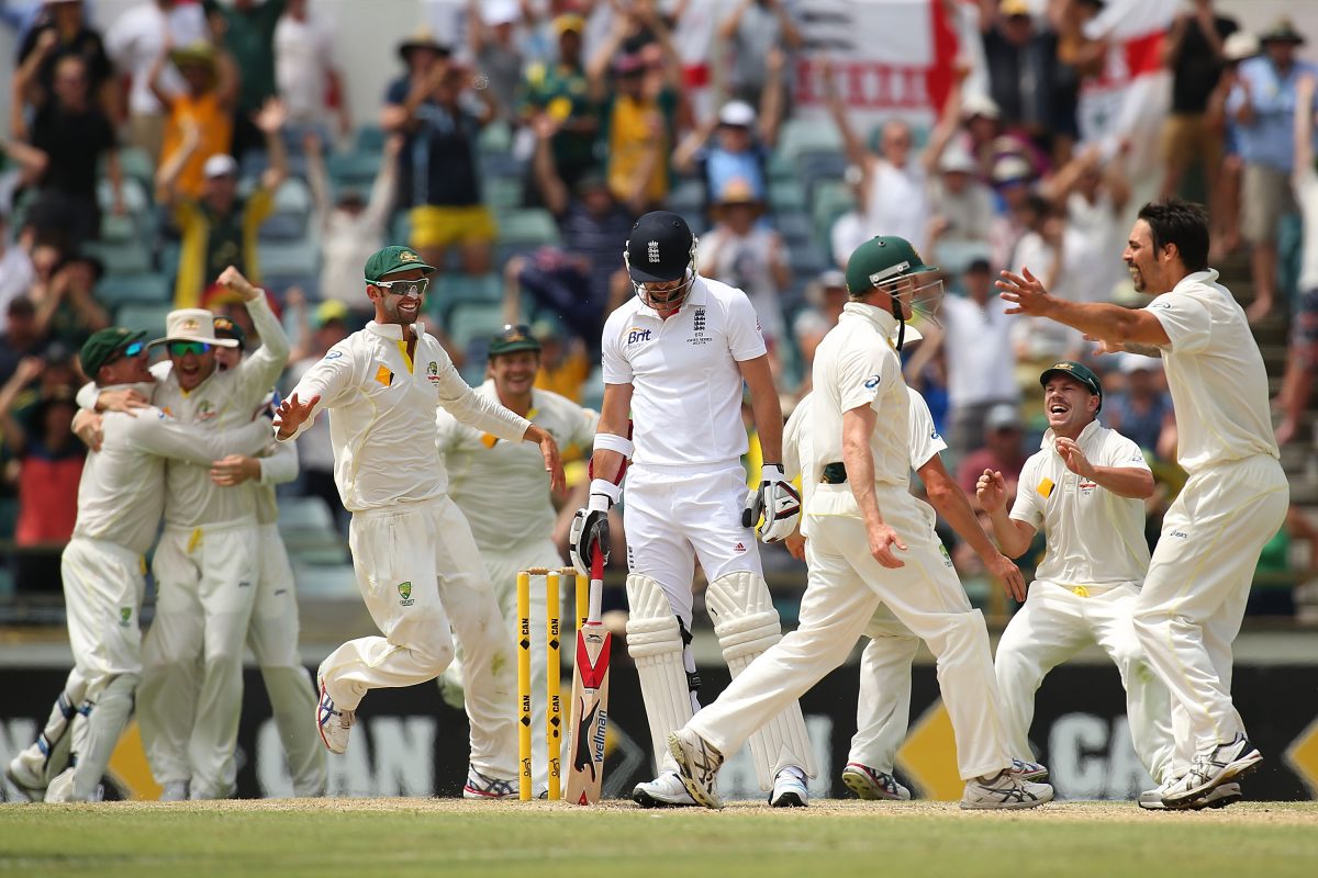 Australia's team celebrates after dismissing James Anderson of England to claim a 3-0 series win